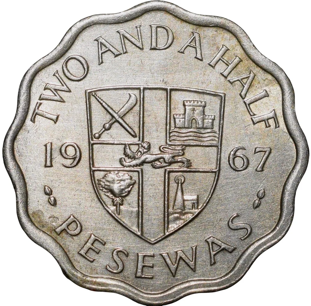 2-1/2 Pesewas of Ghana Country (AD 1967) with Cocoa Plants Rare