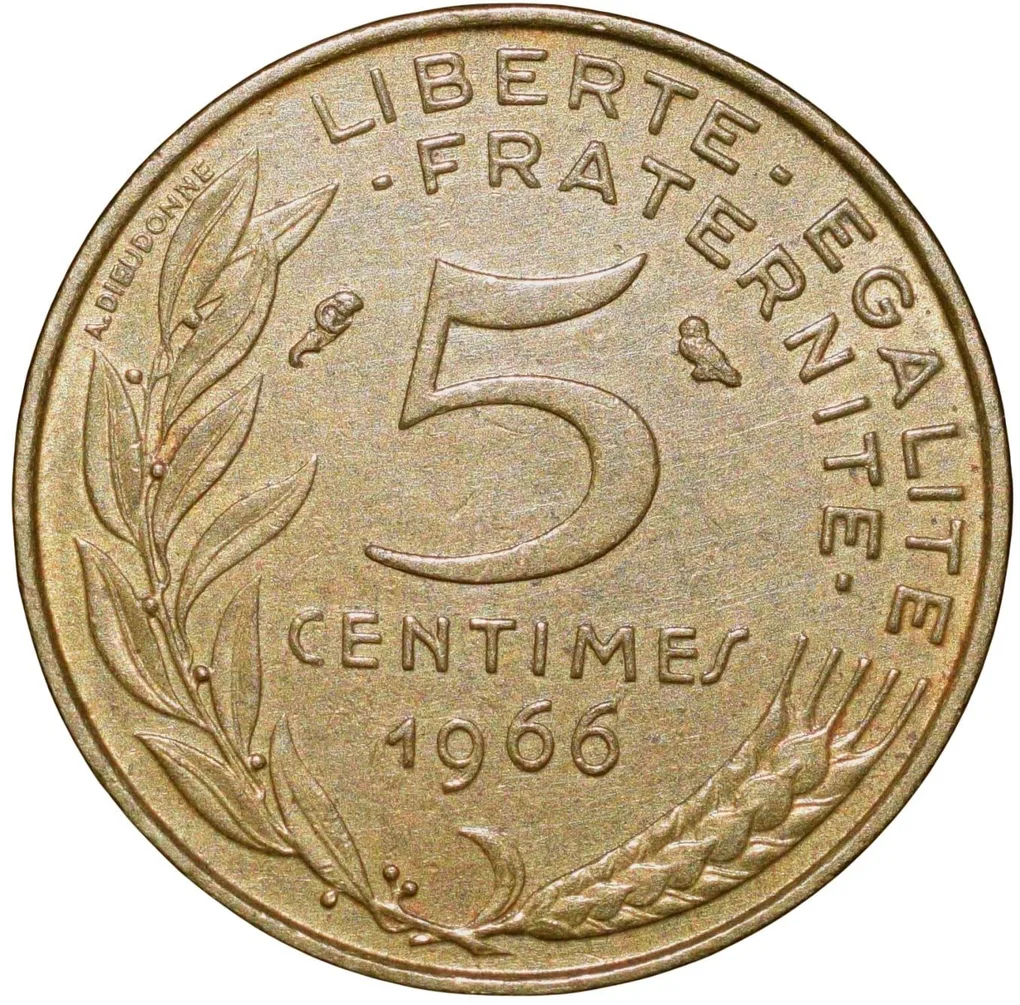 Brass 5 Centimes of France ( AD 1966) with Marianne face left
