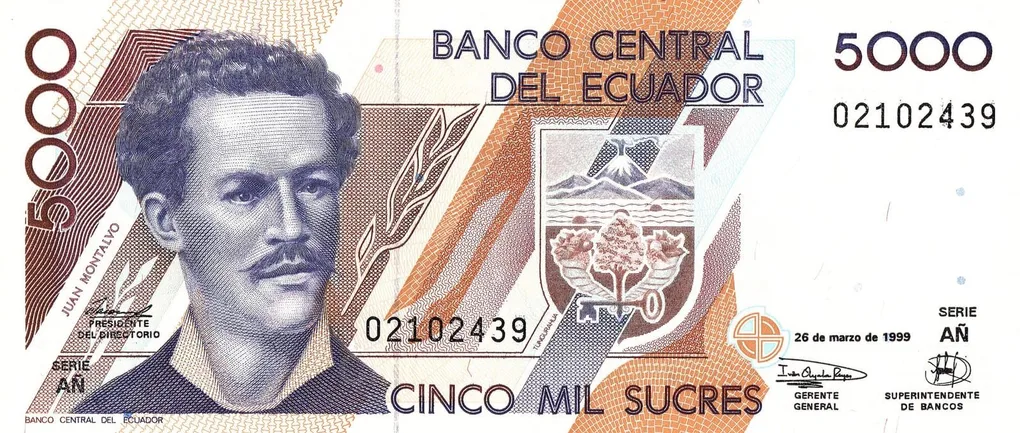 5000 Sucres of Ecuador Country (AD 1991) with Portrait of Juan Montalvo/Cormorant, Penguin and Galapagos Tortoise