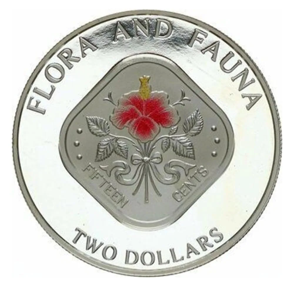Reproduction Coin - Bahamas 2 Dollars 1995 Elizabeth II Hibicus Flower Commemorative UNC Beautiful Coloured Rare Silver Plated Coin