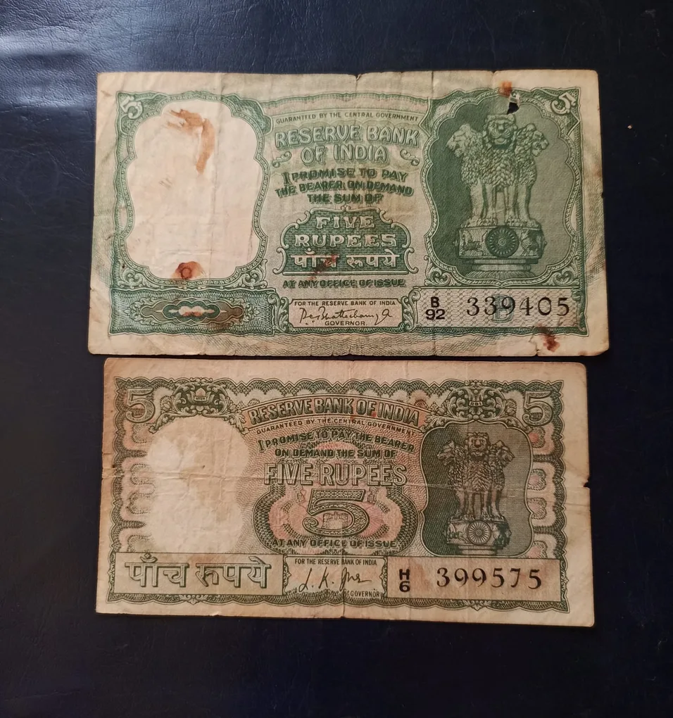 5 Rupees 3 Deer note and 4 deer note signature pc bhattacharya L.K jahn condition used same and similar piece are available