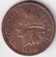 Indian Head Cleaned Condition One Cent 1880 Bronze Coin