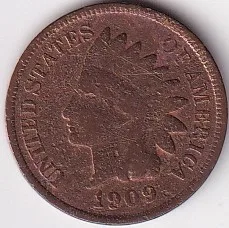 Indian Head Cleaned Condition One Cent 1909 Bronze Coin
