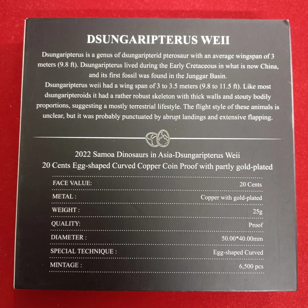 Dinosaurs In Asia Dsungaripterus WEII Elizabeth 20 Cents Samoa Proof Coin 2022 Year