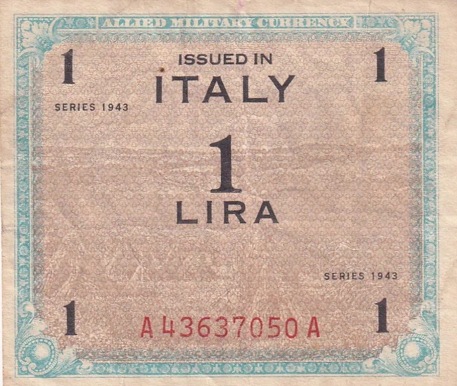 Italy 1 Lira (Allied Military Currency) 1943 Series Rare Note#B2