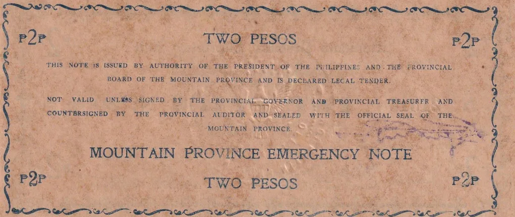 Philippines Mountain Province Emergency Note 2 Pesos Small heading (1942 ) Rare Note#B2