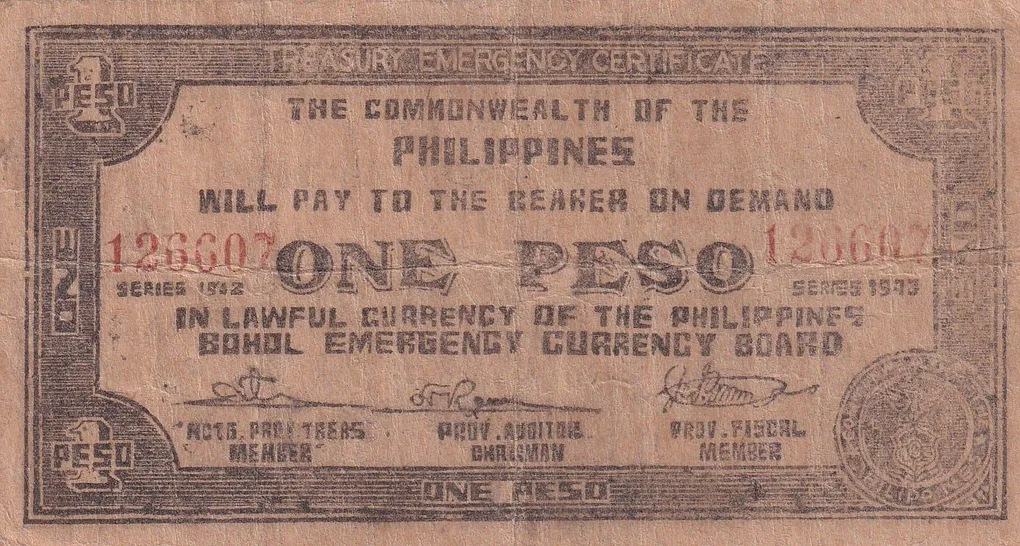 Philippines ( Province of Bohol) 1 Peso 1943 Series Old Issues Rare Note#B2