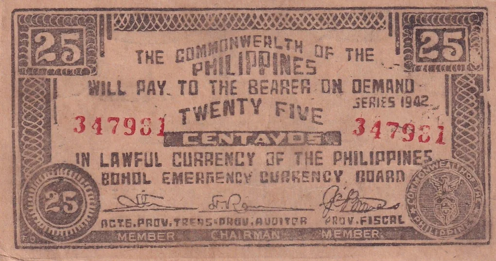 Philippines › Bohol, 25 Centavos (1942) Old Issue Rare Note #B2