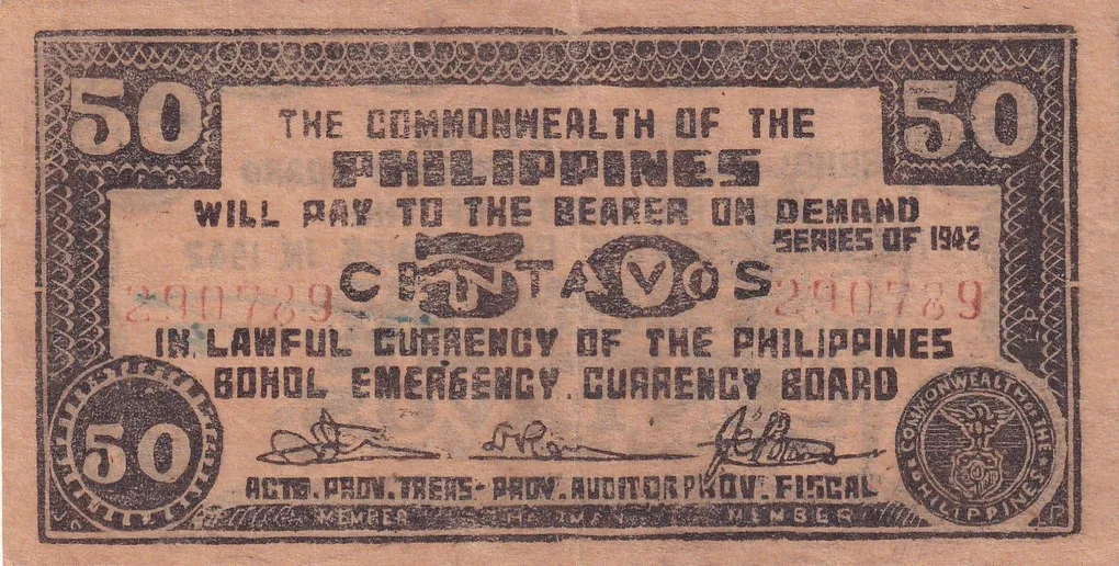 Philippines › Bohol, 50 Centavos (1942) Old Issue Rare Note #B2