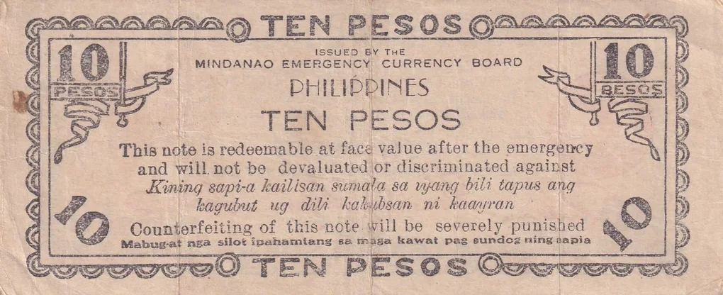 Philippines › Mindanao, 10 Pesos (1944) Old Issue Rare Note #B2