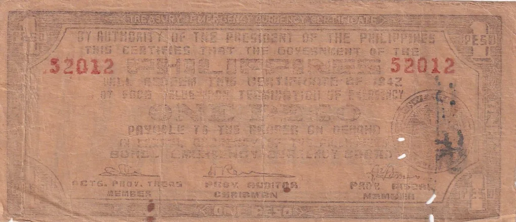 Philippines Bohol, 1 Peso (1942) Old Issue Rare Note #B2