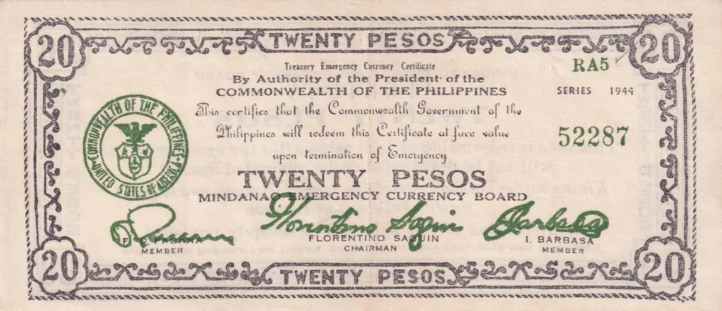 Philippines Mindanao, 20 Pesos (1944) Old Issue Rare Note #B2