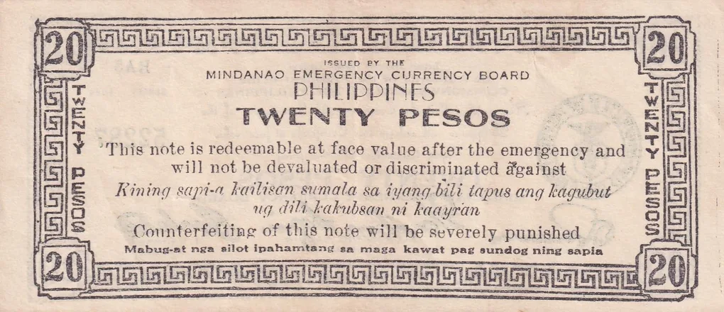 Philippines Mindanao, 20 Pesos (1944) Old Issue Rare Note #B2