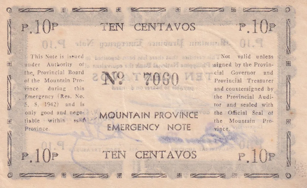 Philippines Mountain Province , 10 Centavos (1942) Old Issue Rare Note #B2