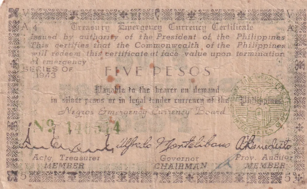 Philippines Negros, 5 Pesos (1943) Old Issue Rare Note #B2