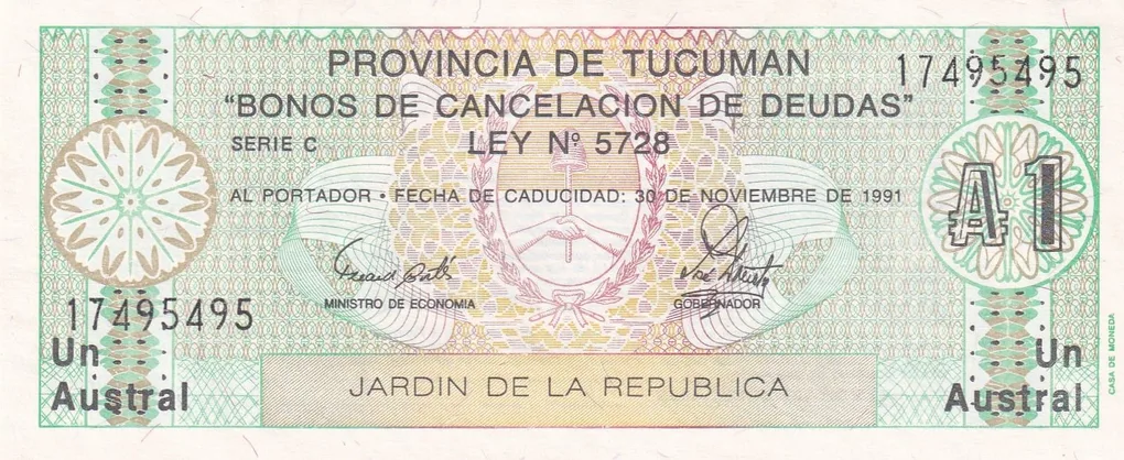 Argentina › Tucuman 1 Austral Rare UNC Note #B2