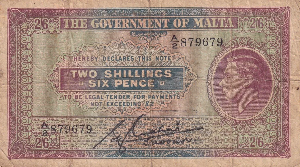 Malta 2 Shillings 6 Pence - George VI Old Issue Rare Note #B2