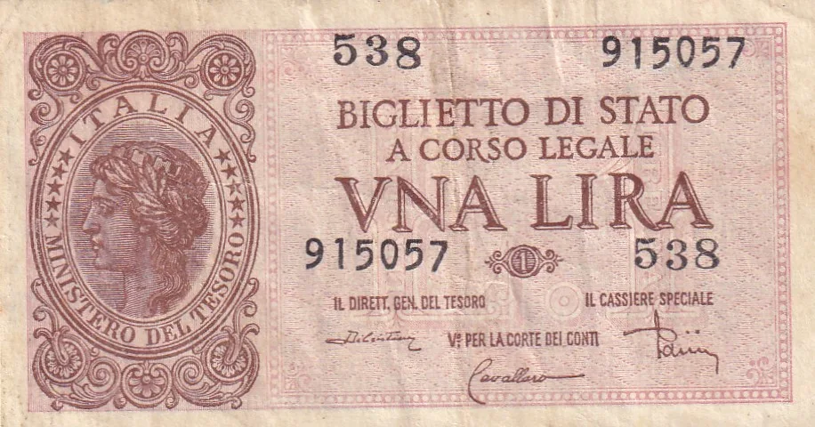 Italy 1 Lira (1944) Issue Rare Note #B2