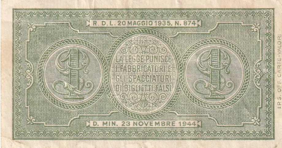 Italy 1 Lira (1944) Issue Rare Note #B2