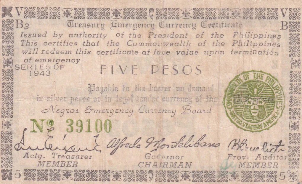 Philippines Negros, 5 Pesos (1943) Old Issue Rare Note #B2