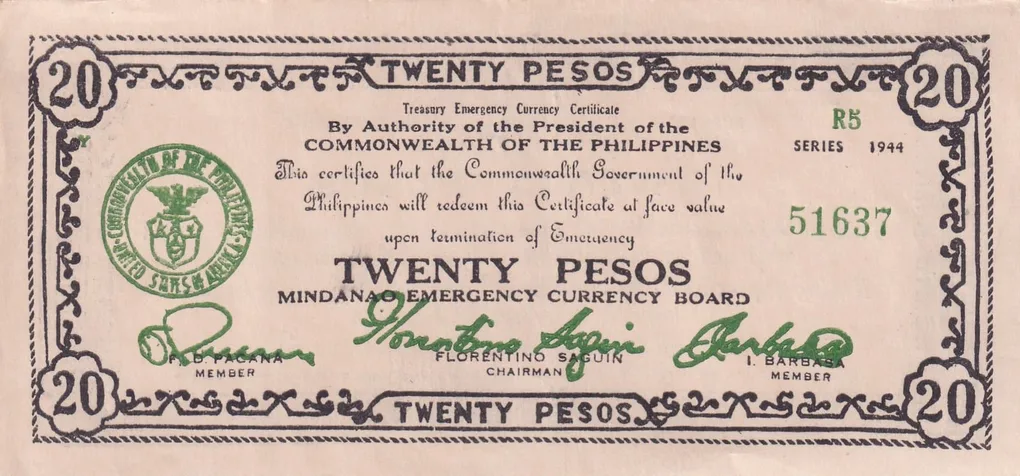 Philippines Mindanao, 20 Pesos (1944) Old Issue Rare Note #B2
