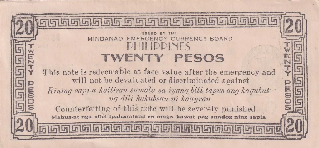 Philippines Mindanao, 20 Pesos (1944) Old Issue Rare Note #B2