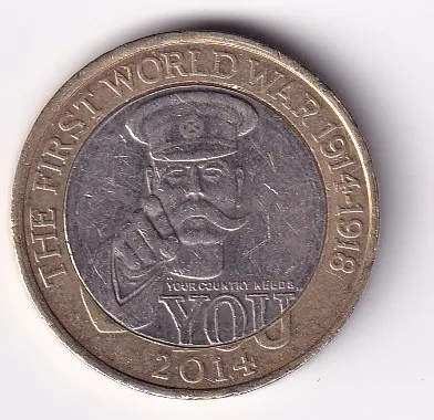 United Kingdom 2 Pounds 2014 - Elizabeth II 4th portrait; World War I Commemorative issue Rare Bimetallic Coin #E-377