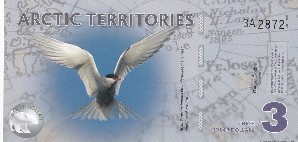 Arctic Territories 3 Polar Dollars Arctic tern Polymer UNC Note #B2