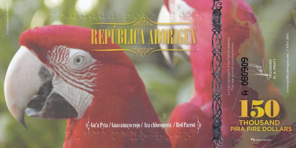 Republica Aborigen 150000 (150,000) Pira Pire $ Polymer 2014, UNC Red Parrot Polymer UNC Note #B2