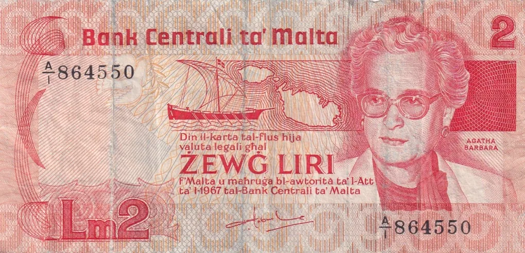Malta 2 Liri Law of 1967 Rare Note (Low Condition AS Per Image) #B2