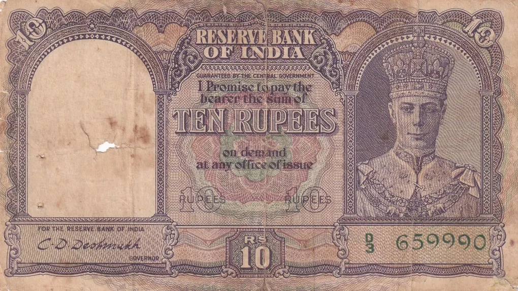 British India 10 Rupees - George VI Rare Note Low Condition Repaired Note