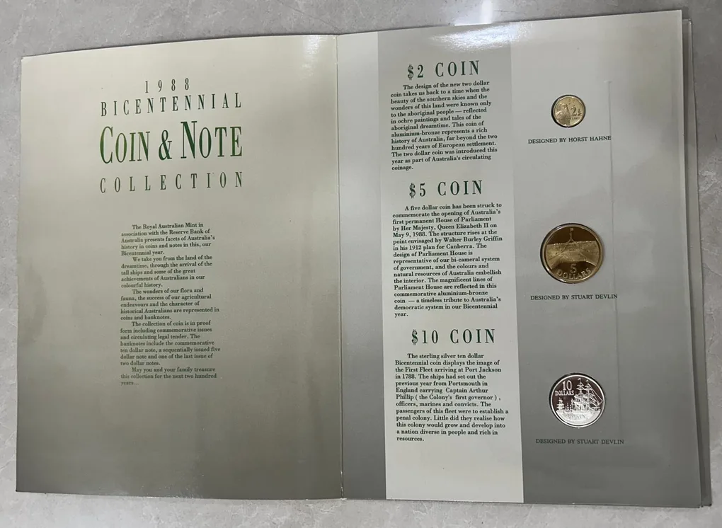 Royal Australian Mint 1988 First Combines presentation Of Bicentennial Coin & Note Collection - Rare (3 Coin+ 3 Note) Included 1 Coin Silver + 1 Note Polymer with Folder and Certificate