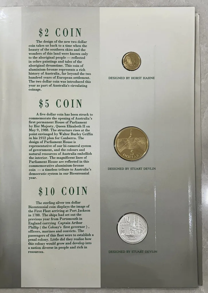 Royal Australian Mint 1988 First Combines presentation Of Bicentennial Coin & Note Collection - Rare (3 Coin+ 3 Note) Included 1 Coin Silver + 1 Note Polymer with Folder and Certificate