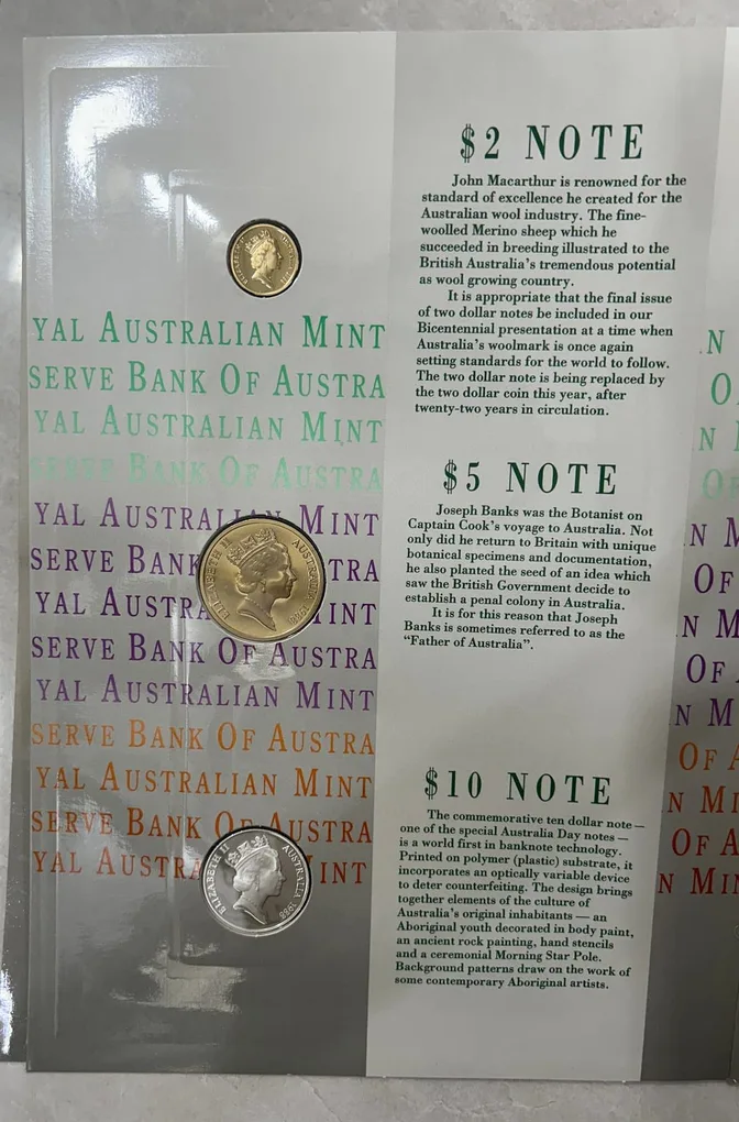 Royal Australian Mint 1988 First Combines presentation Of Bicentennial Coin & Note Collection - Rare (3 Coin+ 3 Note) Included 1 Coin Silver + 1 Note Polymer with Folder and Certificate