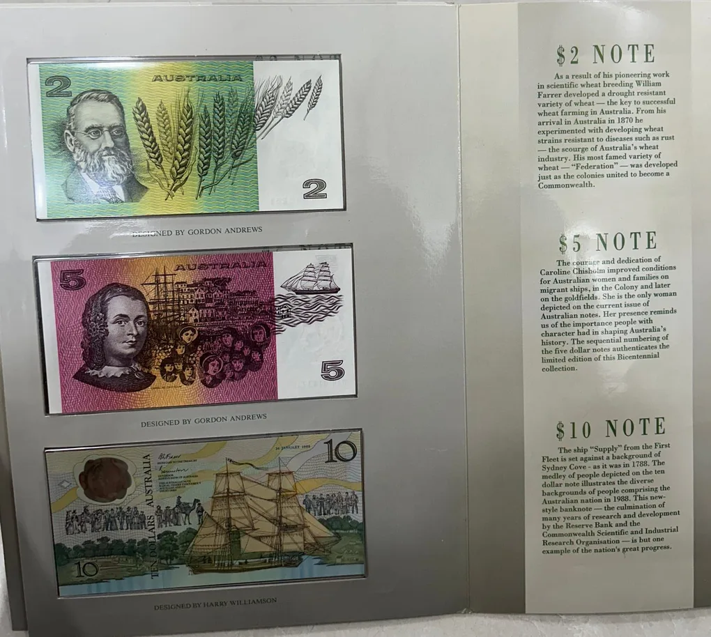 Royal Australian Mint 1988 First Combines presentation Of Bicentennial Coin & Note Collection - Rare (3 Coin+ 3 Note) Included 1 Coin Silver + 1 Note Polymer with Folder and Certificate