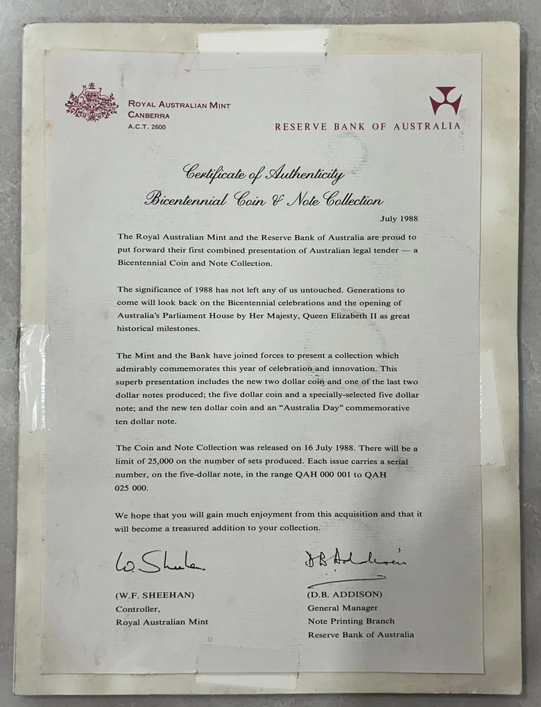 Royal Australian Mint 1988 First Combines presentation Of Bicentennial Coin & Note Collection - Rare (3 Coin+ 3 Note) Included 1 Coin Silver + 1 Note Polymer with Folder and Certificate