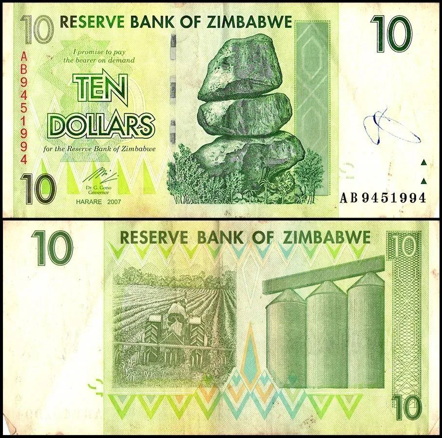 Zimbabwe 10 Dollars World Banknote 2007 P67 Used Unique and Rare