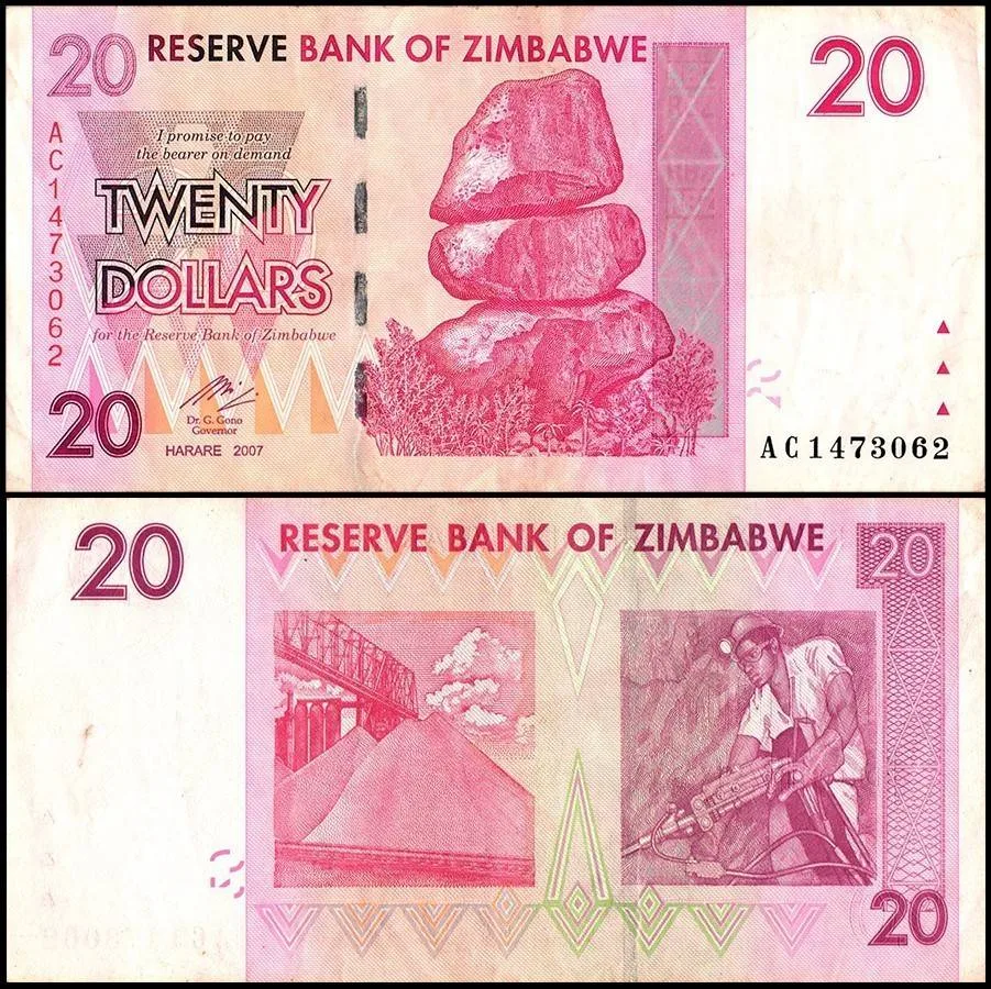 Zimbabwe 20 Dollars World Banknote 2007 P68 Used Unique and Rare