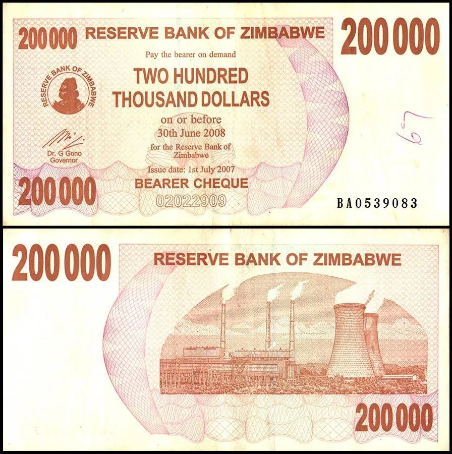 Zimbabwe 200000 Dollars World Banknote Bearer Cheque 2006 P44 Used Unique and Rare