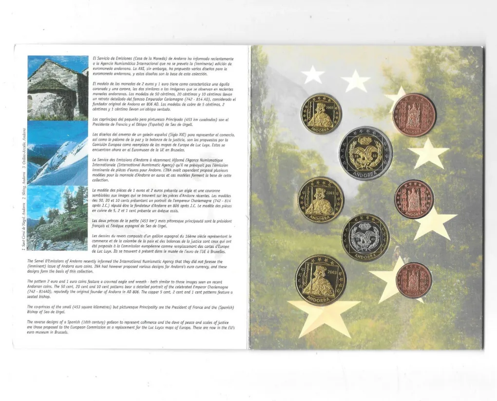 Andora Euro Pattern 2003 Rare (8 Coin Set ) with Beautiful Folder