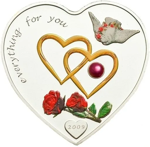 Palau 2009 5 Dollar Everything For You Heart Silver Coin Real Pearl Pigeon Rose Love Unique and Rare Silver