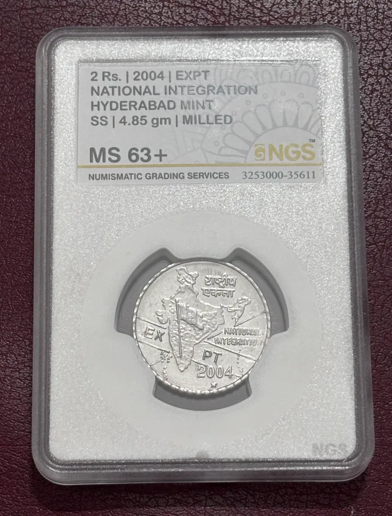 Extremely Rare 2 Rupees 2004 EXPT NGS Graded MS 63+ Hyderabad Mint Genuine Coin