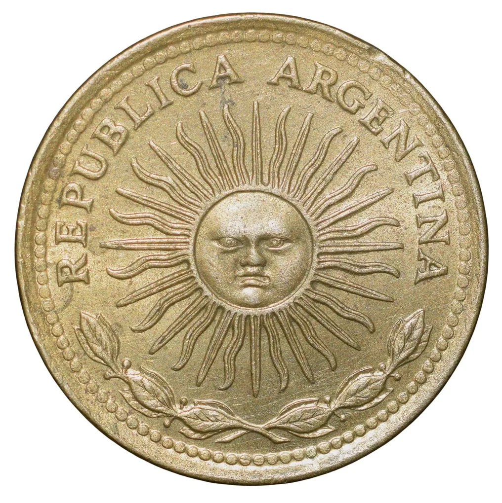Brass 10 Pesos of Argentina (AD 1976) with 'Sol de Mayo' (Spanish: 'Sun of May')