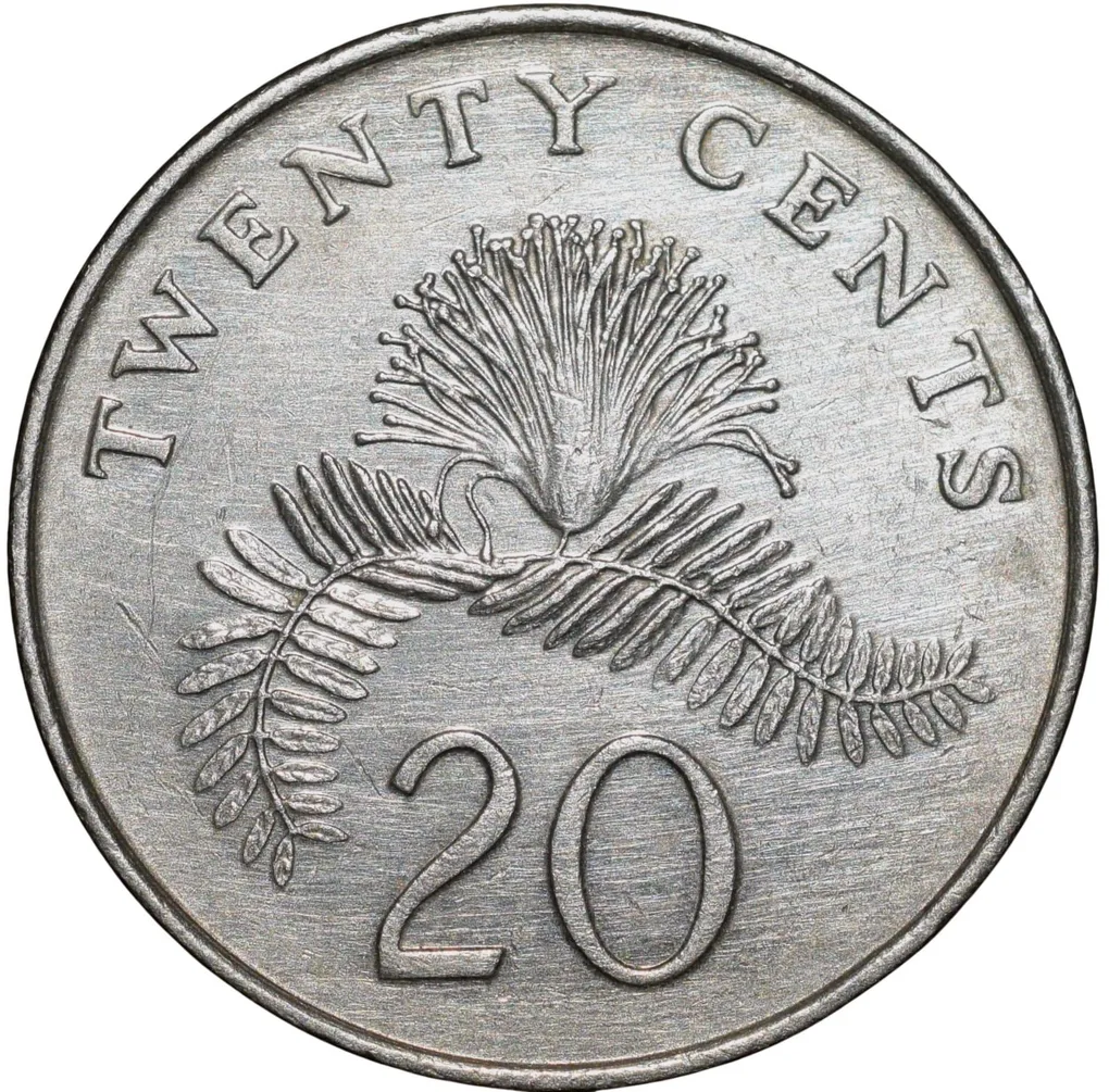 Copper-Nickel 20 Cents of Singapore (AD 1996) with Powder-puff plant fronds Flower