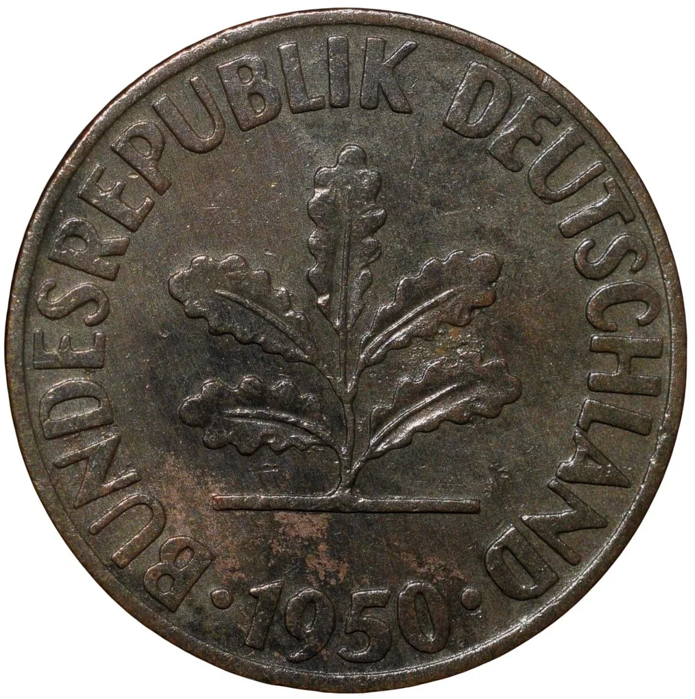 Old Bronze 1 Pfennig of Germany (AD 1950) with Oak Sapling