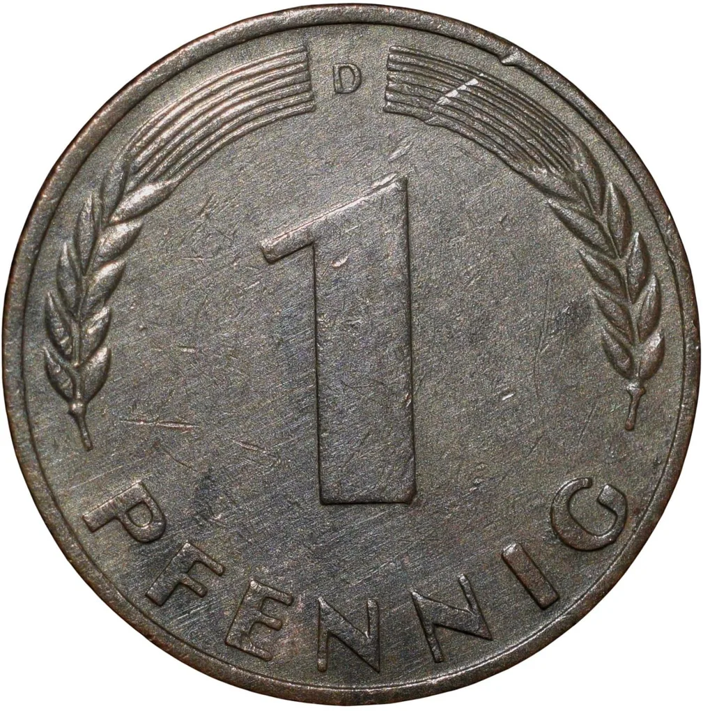 Old Bronze 1 Pfennig of Germany (AD 1950) with Oak Sapling