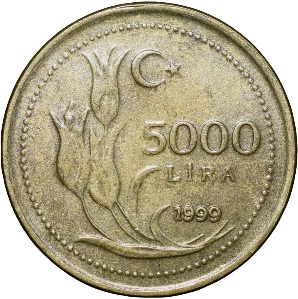 Brass 5000 Lira of Turkey (AD 1999) with Head of Atatürk left