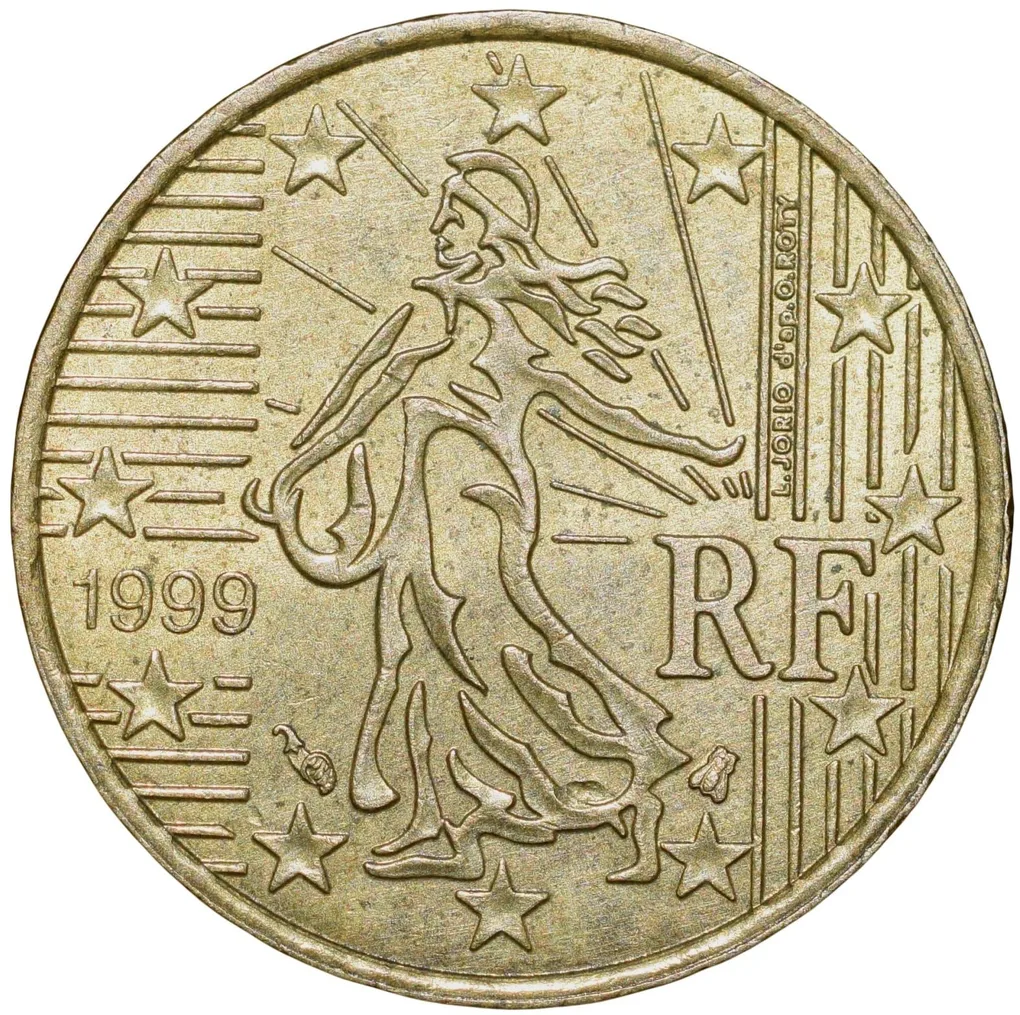 Brass 10 Euro Cents of France Country (AD 1999) Beautiful Grade