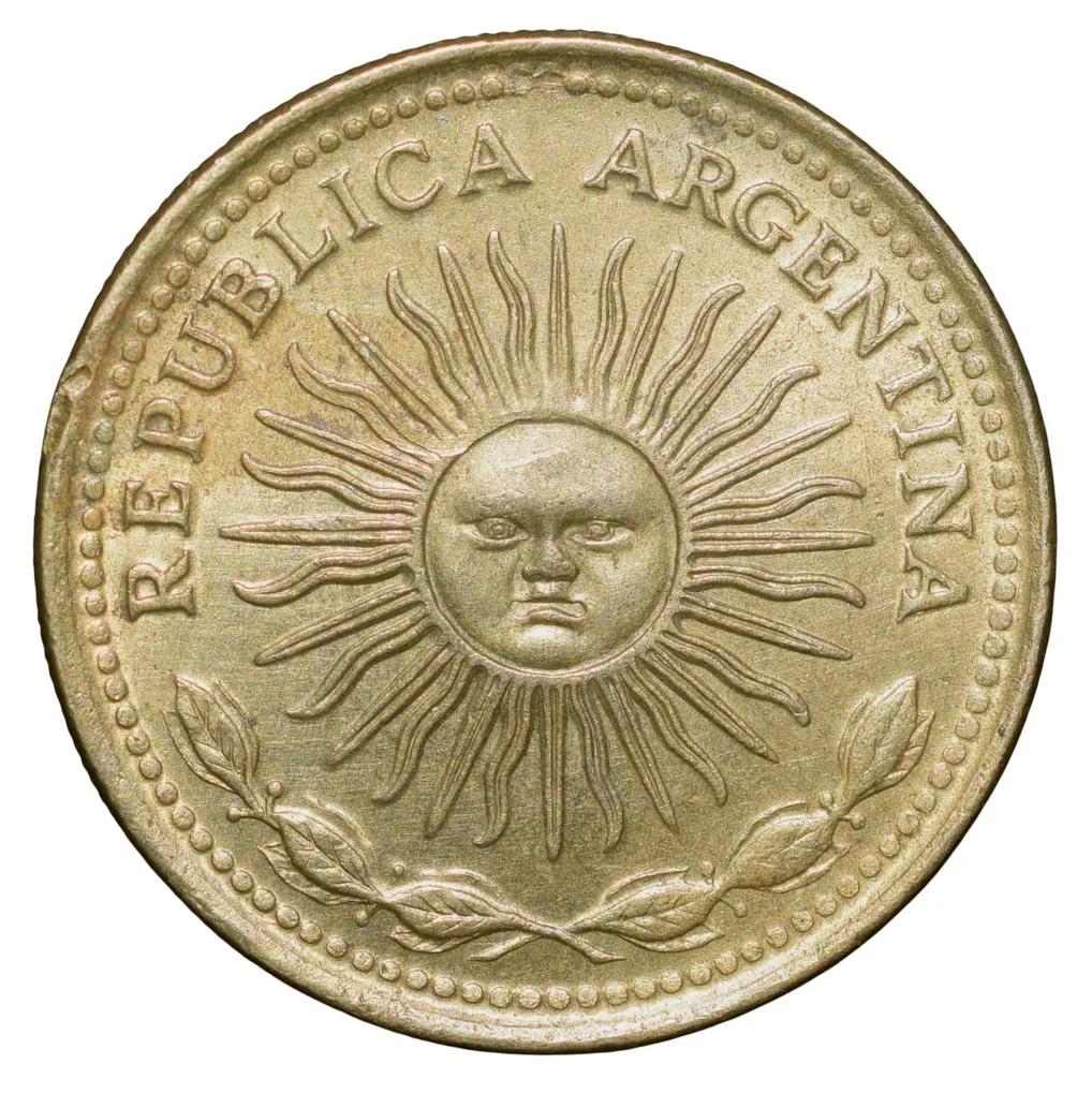 Brass 10 Pesos of Argentina (AD 1977) with 'Sol de Mayo' (Spanish: 'Sun of May')