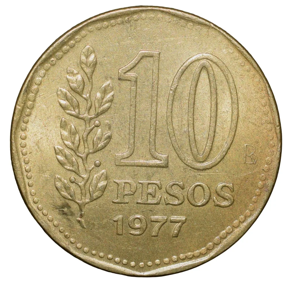 Brass 10 Pesos of Argentina (AD 1977) with 'Sol de Mayo' (Spanish: 'Sun of May')
